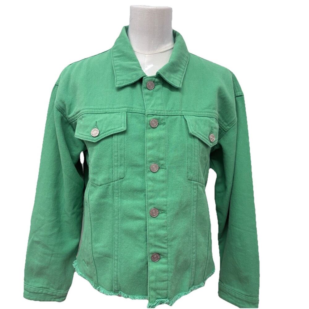Y2K Green Denim Jacket Frayed Hem Button Front Retro Jean Style Size L